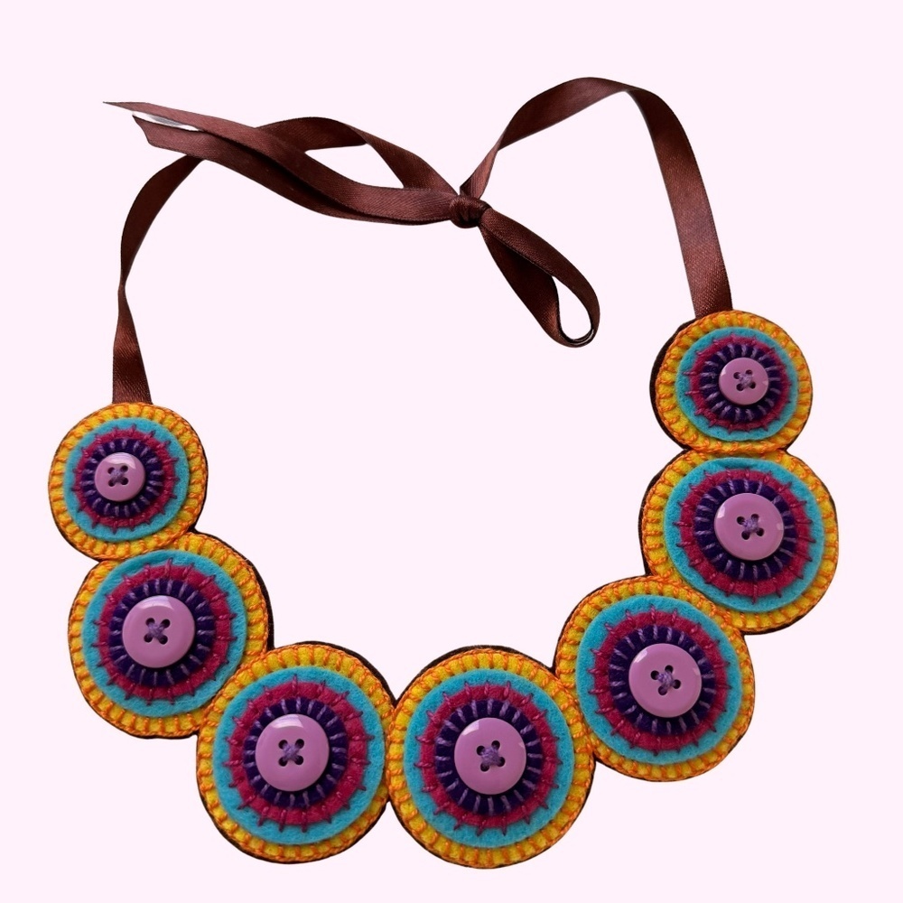 One of a Kind Funky Vintage Felt Button Collar Necklace with Ribon Closure